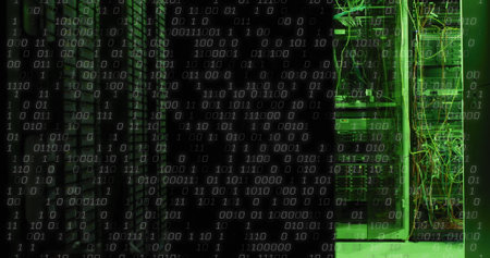 Image of binary coding data processing over computer servers. Global computing and data processing...