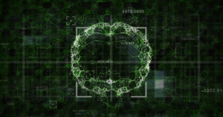 Image of data processing and scope scanning over spinning human brain icon on green background....