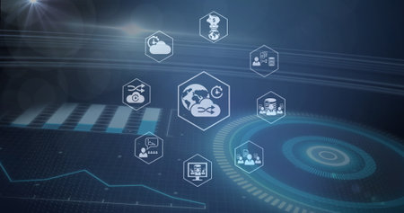 Image of data processing over icons and scope. Global cloud computing and data processing concept...