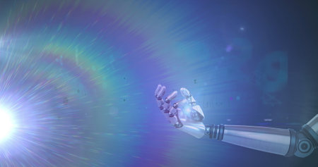 Image of light trails over mathematical equations and robotic hand on blue background. Global technology, computing and digital interface concept digitally generated image.の写真素材