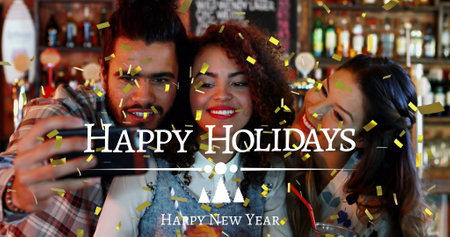 Image of happy new year text over diverse friends taking selfie at party and confetti. New year eve celebration concept digitally generated image.の写真素材