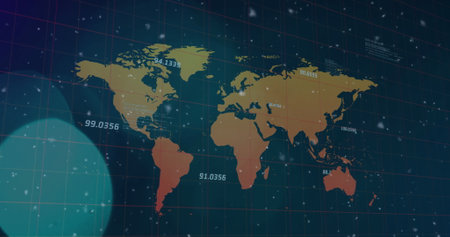 Image of white particles and light spots over world map and data processing on black background. Global networking and business technology conceptの写真素材
