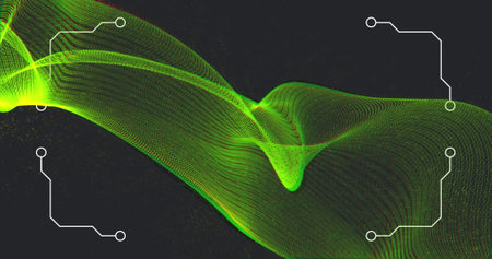 Image of patterned borders around green twist data connection wave moving on black background....