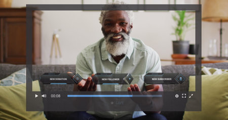 Image of screen with digital interface over african american man. Global social media, networks,...