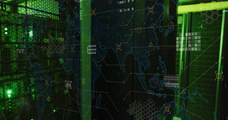 Image of world map and data processing over computer servers. Global computing and data processing concept digitally generated image.の写真素材