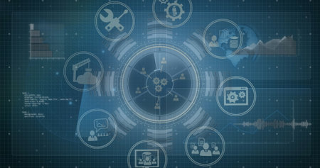 Image of multiple digital icons spinning over interface with data processing and round scanner....