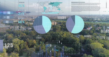 Image of data processing over landscape with construction site. Global business and digital...
