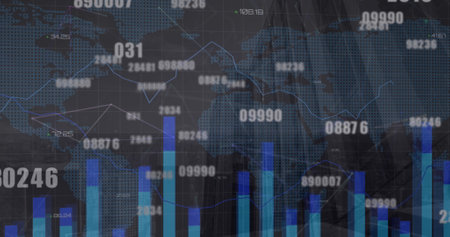 Image of financial data processing with network of connections and world map over cityscape. Global business, finances and digital interface concept digitally generated image.の写真素材