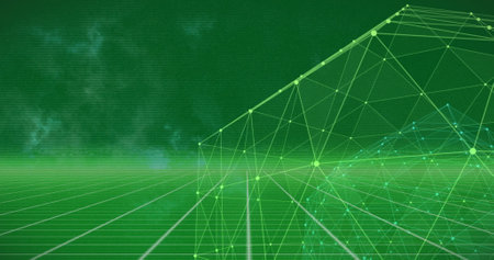 Image of globe of network of connections over grid network against green background. Global networking and business technology conceptの写真素材