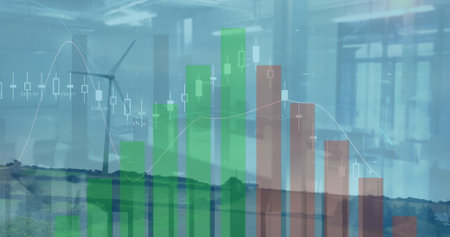 Image of financial graphs over landscape with wind turbine. Global energy, finance, economy and...
