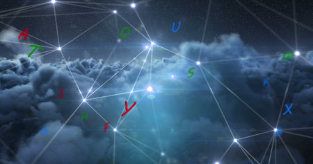 Image of network of connections and letters on sky with clouds. Global connections, computing and...