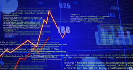 Image of financial data processing over blue background. Global business, finances, computing and...