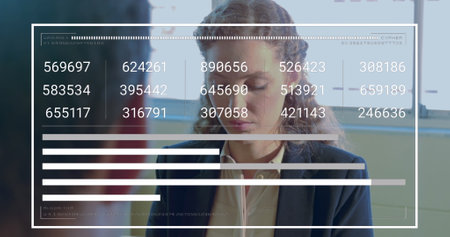 Image of graph and loading bars over caucasian woman working in office. Digital composite, multiple exposure, report, abstract, growth, progress and business concept.の写真素材