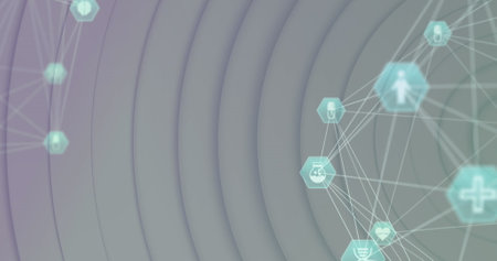 Image of globes of medical icons spinning over concentric circles on white background. Medical research and science technology conceptの写真素材