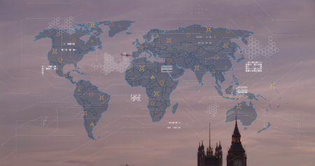 Image of world map and data processing against aerial view of london city. Global networking and business technology conceptの写真素材