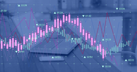 Image of statistical data processing against smartphone, laptop and coffee cup on office desk....