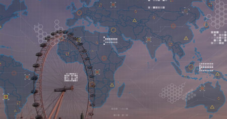 Image of world map and data processing against aerial view of london eye. Global networking and...