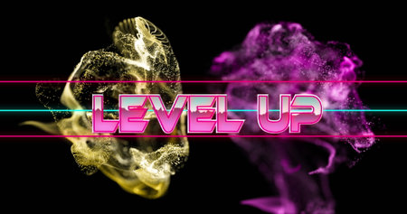 Image of level up text over yellow and pink shapes on black background. Abstract background, social...