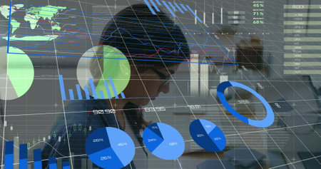 Image of infographic interface over caucasian researcher working in laboratory. Digital composite, multiple exposure, report, business, growth, progress, medical and technology concept.の写真素材