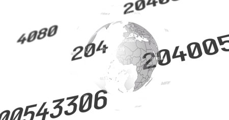 Image of multiple changing numbers over spinning globe against white background. Global networking and business technology conceptの写真素材