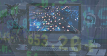 Image of stock market data processing over microprocessor connections on computer screen. Global...