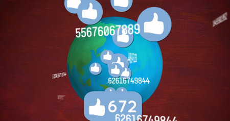 Image of changing numbers and thumbs up icons over globe against abstract background. Digitally generated, hologram, illustration, globalization, social media and technology concept.の写真素材