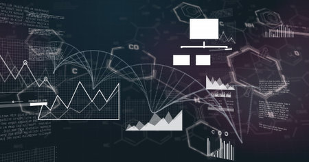 Image of multiple graphs over dna helix and computer language against black background. Digitally...