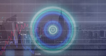 Image of illuminated circles, multiple graphs over modern city against cloudy sky. Digital composite, multiple exposure, shape, report, business, skyscrapers, buildings and architecture concept.の写真素材