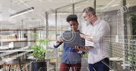 Image of financial data processing over diverse business people. Global business, finances, computing and data processing concept digitally generated image.の写真素材