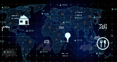 Image of digital icons over grid network against world map on blue background. Computer interface...