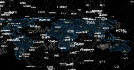 Image of connected texts forming globe over geometric shapes on map against black background. Digitally generated, hologram, illustration, globalization, communication and technology concept.の写真素材