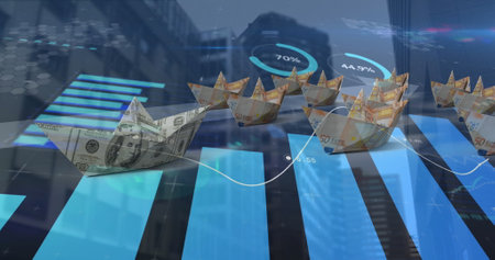 Image of data processing over boats of banknotes. Global business, finances and digital interface concept digitally generated image.の写真素材