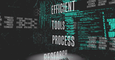 Image of business concept texts, data processing and network of connections on black background....