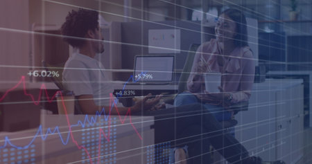 Image of statistics and financial data processing over business people working in office. Global...