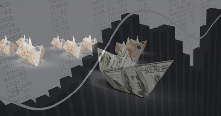 Image of data processing over boats of banknotes. Global business, finances and digital interface concept digitally generated image.の写真素材