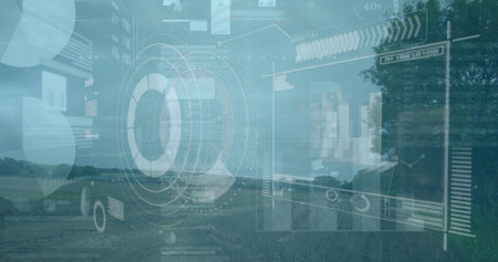 Image of data processing over landscape. Global business and digital interface concept digitally generated image.の写真素材