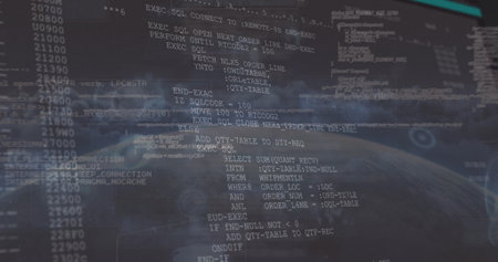 Lines of code and data are displayed on dark screen. Earth is faintly visible in background, giving a sense of global connectivity and technologyの写真素材