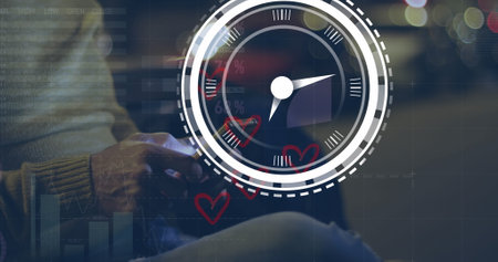 Image of clock and data processing over african american man using smartphone. Global business, computing and digital interface concept digitally generated image.の写真素材