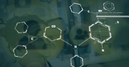 Image of chemical formulas over falling icons. Global science, connections, data processing and digital interface concept digitally generated image.の写真素材
