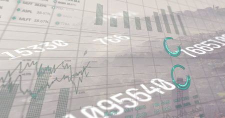 Image of financial data processing over office. Global business and finance concept digitally...