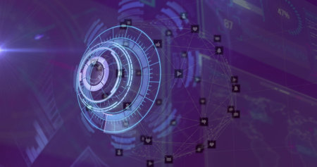 Image of scope scanning and data processing on screens. Global computing, connections and data processing concept digitally generated image.の写真素材