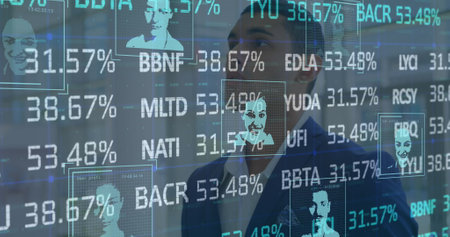 Image of stock market data processing over thoughtful biracial businessman at office. Global economy...