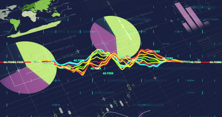 Image of statistical data processing over grid network against blue background. Computer interface...