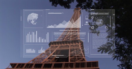 Image of globe, graphs, radar and data over low angle view of eiffel tower against sky. Digital...