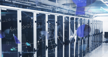 Image of data processing and mathematical equations against plexus networks over server room....