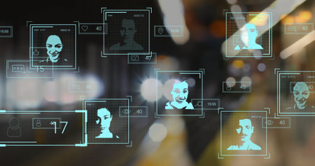 Image of biometric photos and data processing over out of focus road traffic. Global cloud computing, digital interface and data processing concept digitally generated image.の写真素材