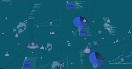 Image of network of digital icons over data processing. Global networks, digital interface and data processing concept digitally generated image.の写真素材
