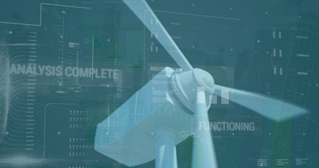 Animating of interface with data processing against close up of a spinning windmill. Renewable...
