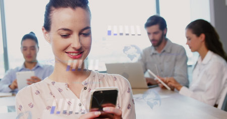 Image of media icons over businesswoman using computer. Global communication business digital...