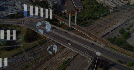 Image of data processing and globes over cityscape. Global business and digital interface concept digitally generated image.の写真素材